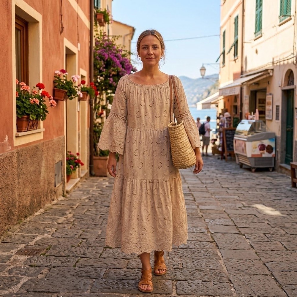 Boho Eyelet Midi Dress in Beige cotton Lightweight Women's Dress Lagenlook I